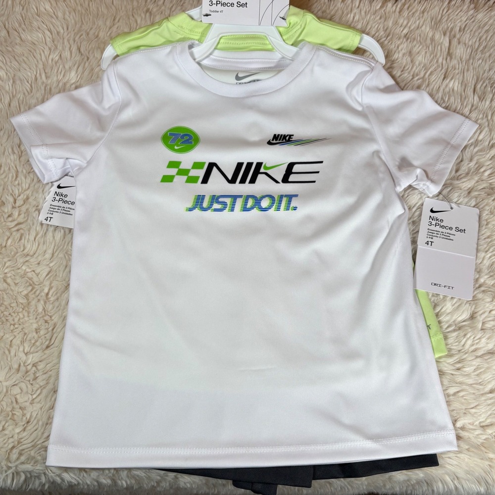 Nike Toddler Boys 3-Piece Dri-FIT Set White Lime Black 4T Gorpcore Activewear